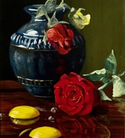 Blue Vase with Red Roses and Eggs