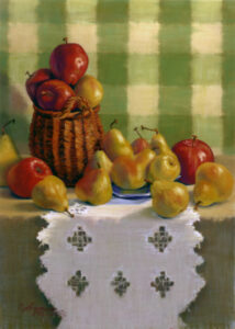 Pastel still life painting of pears on a white and green lace cloth with green check wallpaper behind