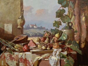 oil on canvas still life painting with landscape in background abundant table overflowing wine watermelon jugs tablecloth with distant vineyard