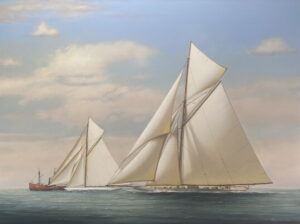 two america's cup white sailing ships with sails against blue sky and calm ocean